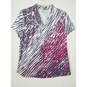 Chicos Zenergy Golf Shirt Chicos 2 US L/12 Zebra Animal Print White Black Plum